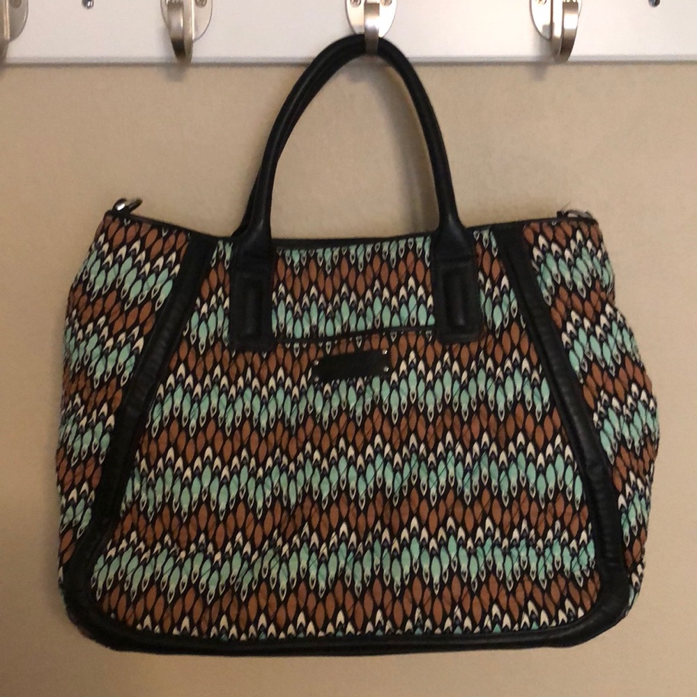 Vera Bradley Blue,Brown,Cream with Black Trim Zippered Tote